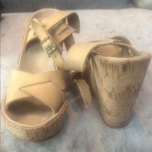 Vintage 70s Tan Wedge cork Sandals with Adjustable Ankle Strap
